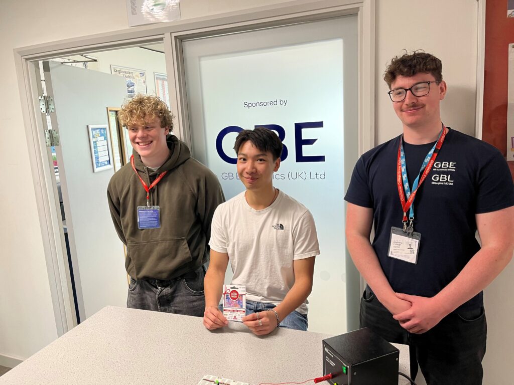 Former Worthing College students Archie Hanson and Adam Beardmore returned to the college to talk to electronics students about degree apprenticeships. Student Brandon Lee was awarded the annual GBE Project Prize