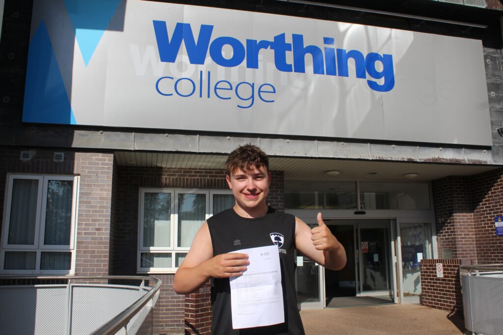 Student Isaac Hewitt pictured at Worthing College with his A Level results in August 2026