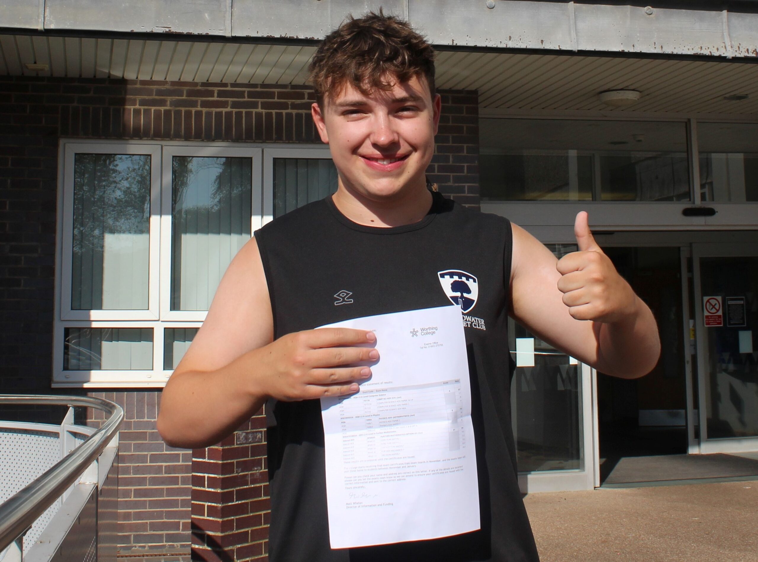 Student Isaac Hewitt pictured at Worthing College with his A Level results in August 2026